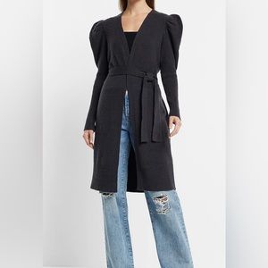Express Puff Shoulder Belted Duster Cardigan, Dark Gray, Small